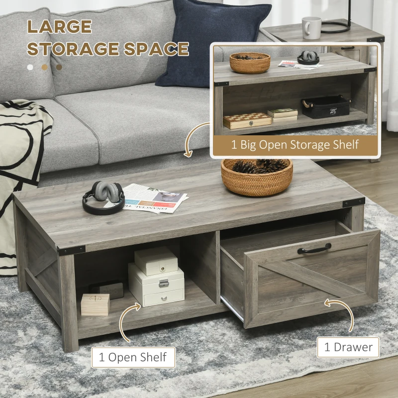 HOMCOM Farmhouse Coffee Table with Storage and Drawer, Rustic Coffee Table for Living Room, Open Shelf, Gray Oak