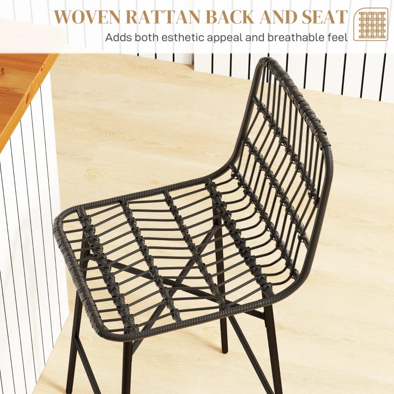 HOMCOM Rattan Counter Bar Stools Set of 2, 26" Counter Height Barstools with Back, Bar Chairs for Kitchen Island, Black