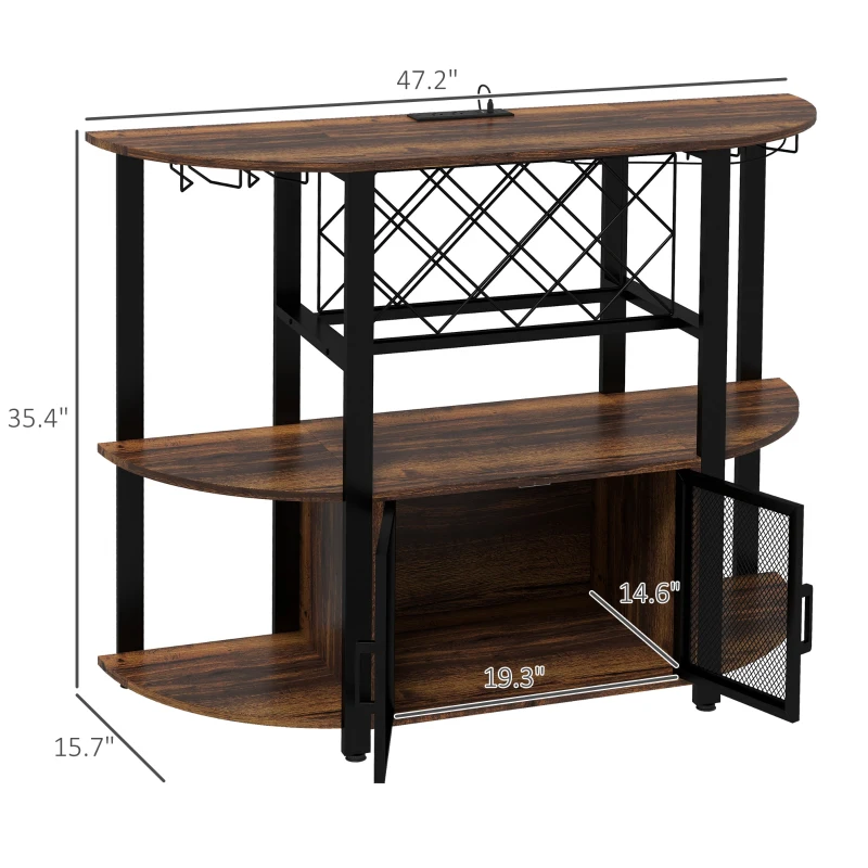 HOMCOM Wine Bar Cabinet with Charging Station, LED Lighted Liquor Cabinet with Wine Racks and Glass Holders, Rustic Brown