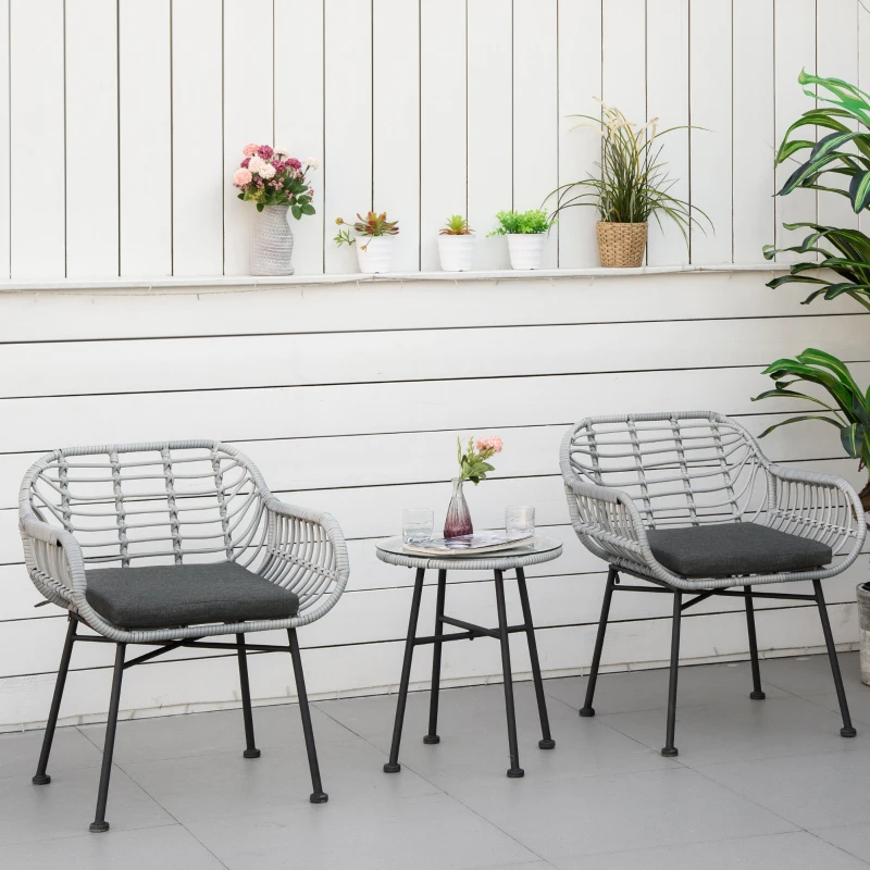 Outsunny 3 Piece Patio Set, Outdoor Bistro Furniture, PE Rattan Wicker Table and Chairs, Cushioned, Gray