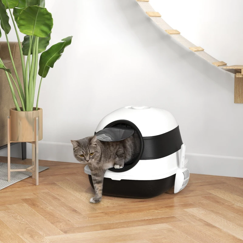 PawHut Dome Covered Cat Litter Box with Lid, White and Black