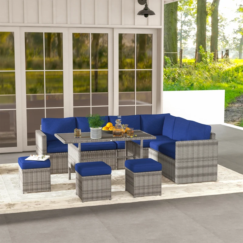 Outsunny 7 Piece Rattan Patio Furniture Set, Outdoor L-Shaped Sectional Sofa Conversation Set with Cushions, Storage, Dark Blue