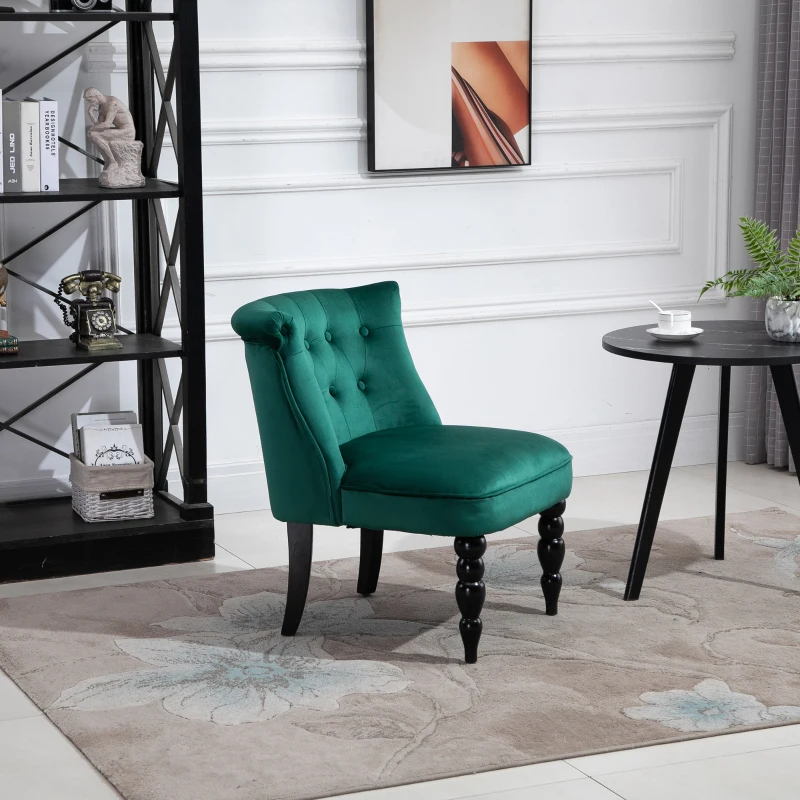 HOMCOM Vintage Leisure Accent Chair, Armless Chair with Button Tufted Straight Back, Turned Legs, Thick Sponge Padding for Living Room, Dining Room, Study, Dark Green