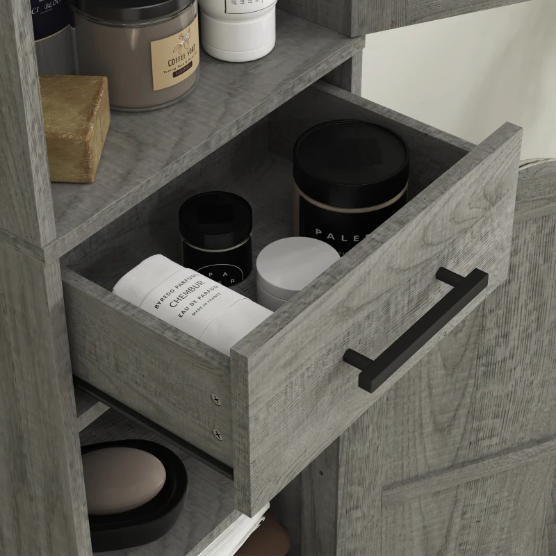 HOMCOM 67" Tall Bathroom Cabinet, Narrow Bathroom Storage Cabinet with Drawer, Barn Doors and Adjustable Shelves, Dark Grey