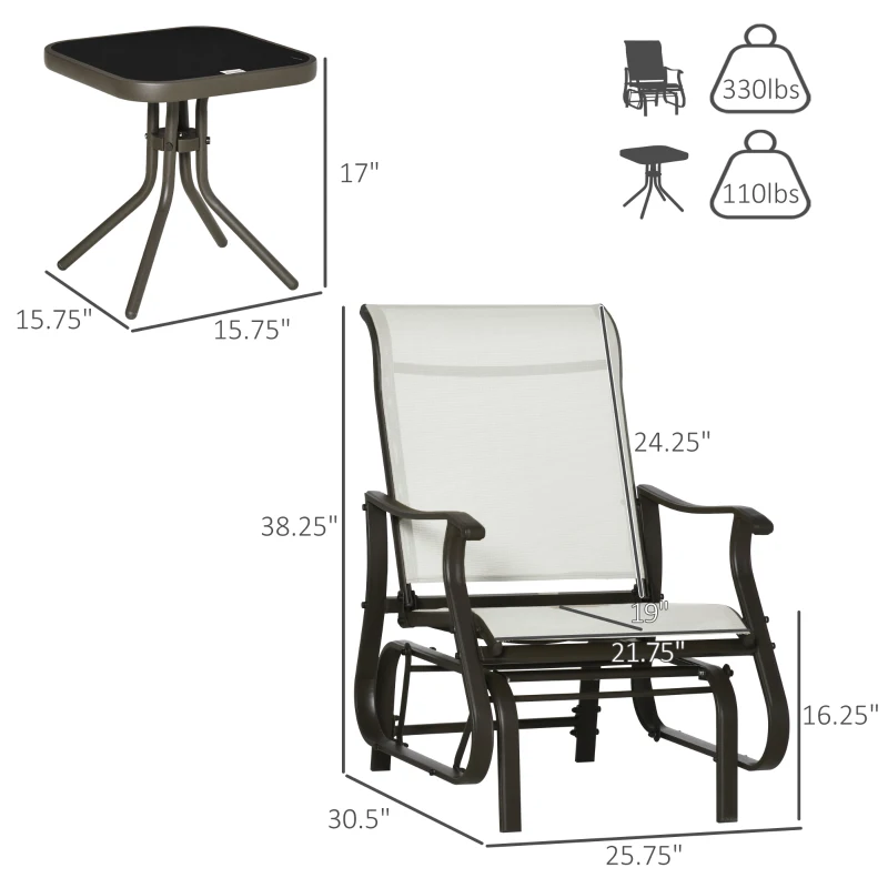 Outsunny 3-Piece Outdoor Gliders Set Bistro Set with Steel Frame, Tempered Glass Top Table for Patio, Garden, Backyard, Lawn, Cream White(m-3)