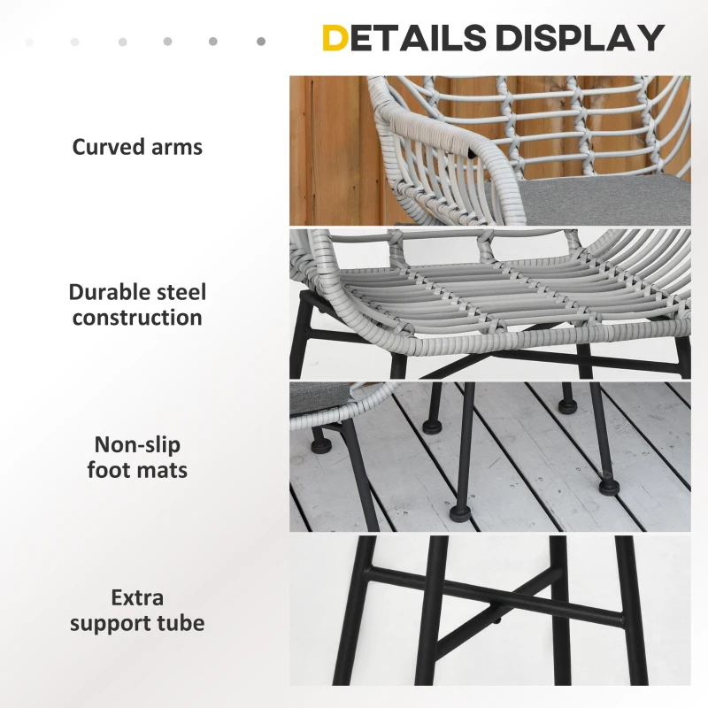 Outsunny 3 Piece Patio Set, Outdoor Bistro Furniture, PE Rattan Wicker Table and Chairs, Cushioned, Gray