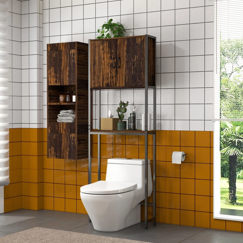 kleankin Over The Toilet Cabinet, Industrial Bathroom Above Toilet Storage with Double Door Cupboard and Adjustable Shelf, Brown