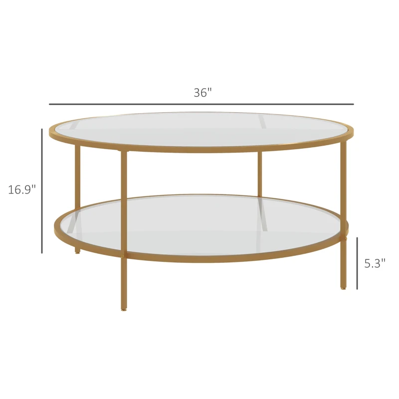 HOMCOM Side Table with Storage, 36" Round End Table, 2-Tier Tempered Glass Coffee Table with Steel Frame for Living Room, Gold