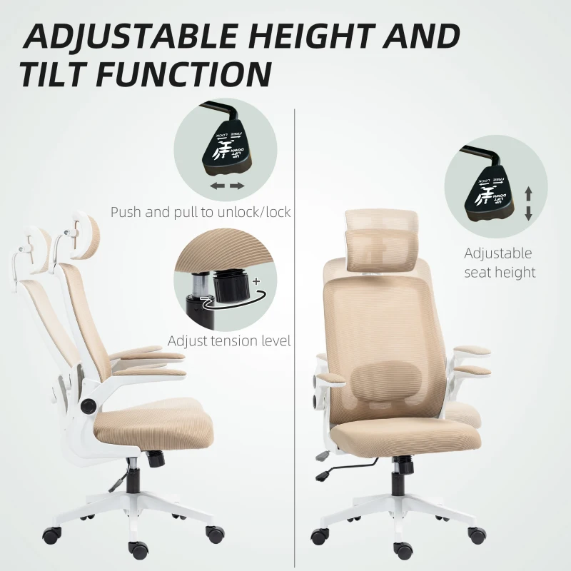 HOMCOM Mesh Office Chair, Ergonomic Desk Chair with Flip-up Armrest, Rotatable Headrest, Adjustable Lumbar Support, Khaki