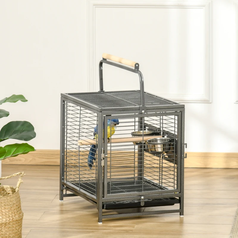 PawHut 18" Parrot Travel Carrier, Heavy Duty Wrought Iron Travel Bird Cage Carrier With Handle Perch And Accessories, Black