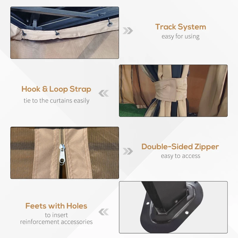 Outsunny 10' x 12' Hardtop Gazebo, Metal Roof Gazebo Canopy w/ Hook, Curtains and Netting included, Aluminum Frame, Dark Brown