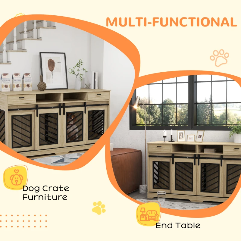 PawHut Modern Dog Kennel Furniture with Removable Divider, Storage, Drawers for 2 Medium Dogs or 1 Large Dog, Oak