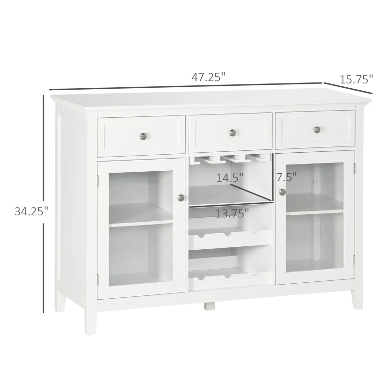 HOMCOM Coffee Bar Cabinet with 3 Drawers, 6-Bottle Wine Rack, Stemware Racks, Glass Door, Sideboard Buffet Cabinet, Wine Cabinet, White