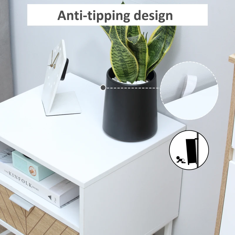 HOMCOM Modern Bedside Table with Drawer, Nightstand with Storage Shelf, Sofa End Table for Bedroom, White and Oak