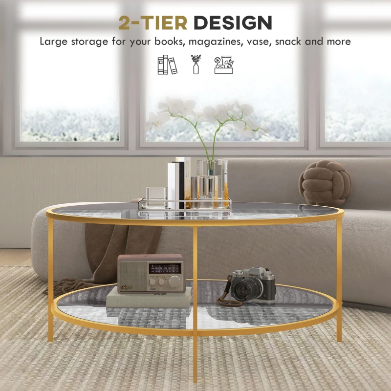 HOMCOM Side Table with Storage, 36" Round End Table, 2-Tier Tempered Glass Coffee Table with Steel Frame for Living Room, Gold