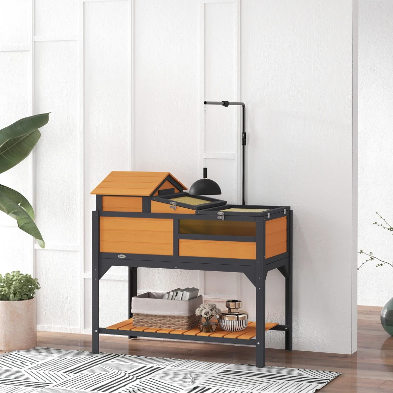 PawHut Tortoise Enclosure Tortoise House w/ Adjustable Lamp Holder, Storage Shelf, Removable Main House, Openable Lid, Yellow