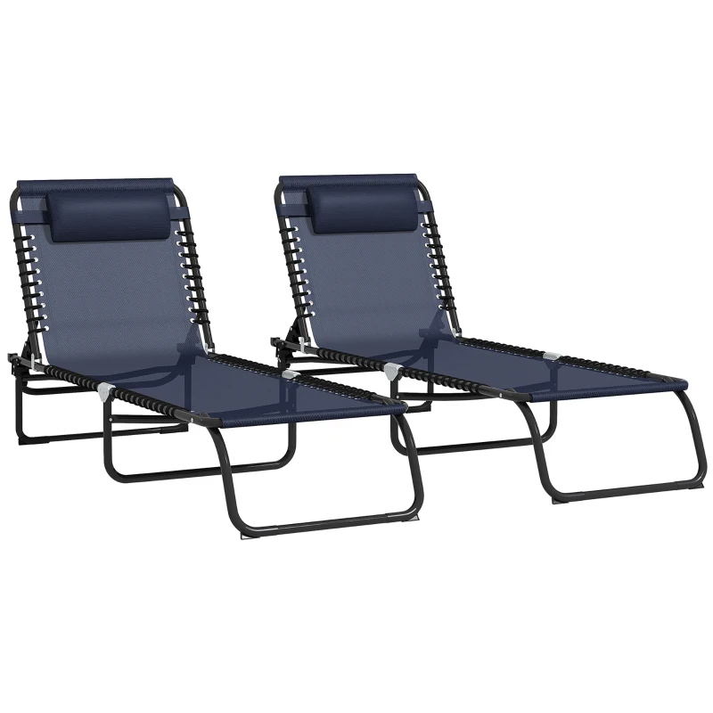Outsunny 2 Folding Chaise Lounge Pool Chairs with 4-Position Reclining Back, Pillow, Breathable Mesh & Bungee Seat, Dark Blue