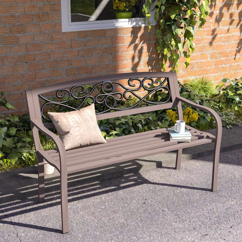 Outsunny 50" Outdoor Bench, Metal Garden Bench with Floral Pattern Backrest, Porch Bench with Slatted Seat for Park, Yard, Lawn, Brown