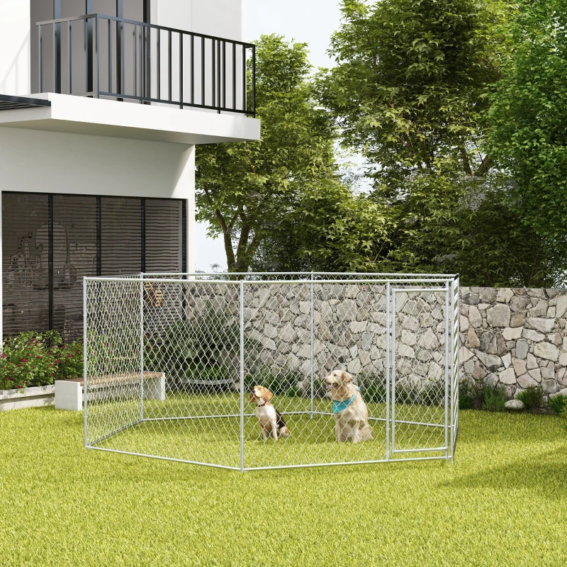 PawHut 13.4' x 11.5' x 5.6' Dog Kennel Outdoor for Medium and Large-Sized Dogs with Lockable Door, Silver