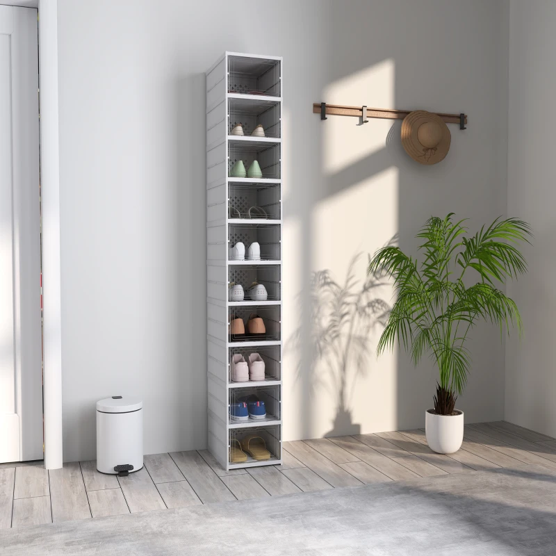 HOMCOM Stackable Plastic Shoe Boxes, 10 Pack Foldable Shoe Storage Boxes with Clear Door, No Assembly, Fit Size 10, White