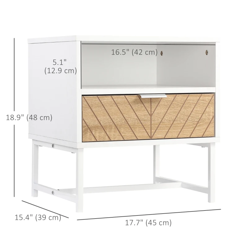 HOMCOM Modern Bedside Table with Drawer, Nightstand with Storage Shelf, Sofa End Table for Bedroom, White and Oak