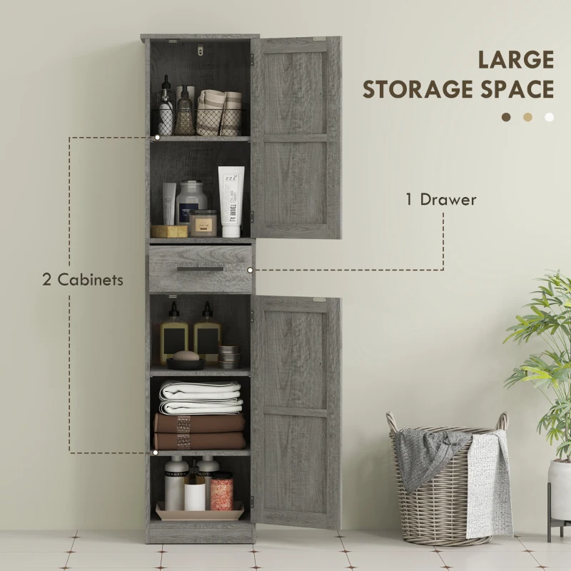 HOMCOM 67" Tall Bathroom Cabinet, Narrow Bathroom Storage Cabinet with Drawer, Barn Doors and Adjustable Shelves, Dark Grey