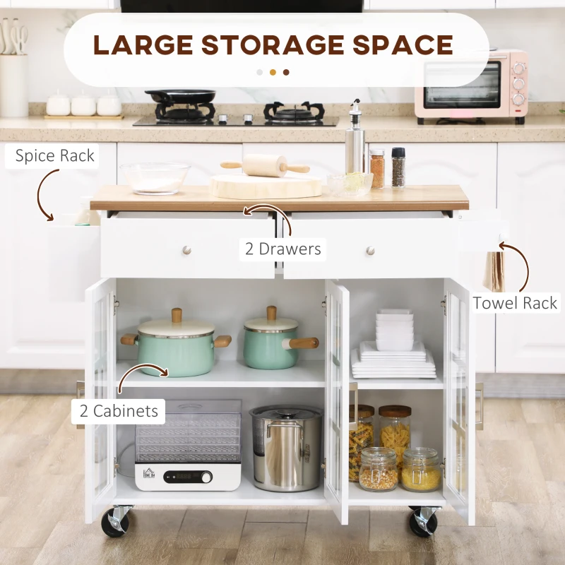HOMCOM Rolling Kitchen Island with Storage, Utility Kitchen Cart with 2 Drawers, 2 Cupboards, Towel Rack and Spice Rack, Microwave Cart for Dining Room, White