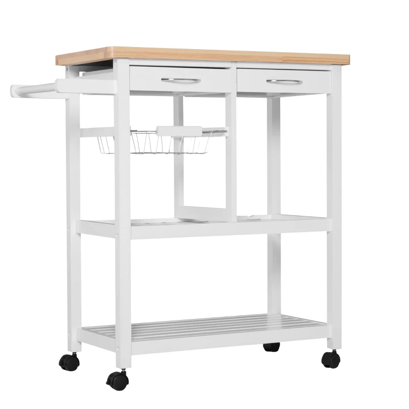 HOMCOM Wooden Rolling Kitchen Trolley Wood Top Island Storage Serving Cart Included Wine Rack with Drawers White