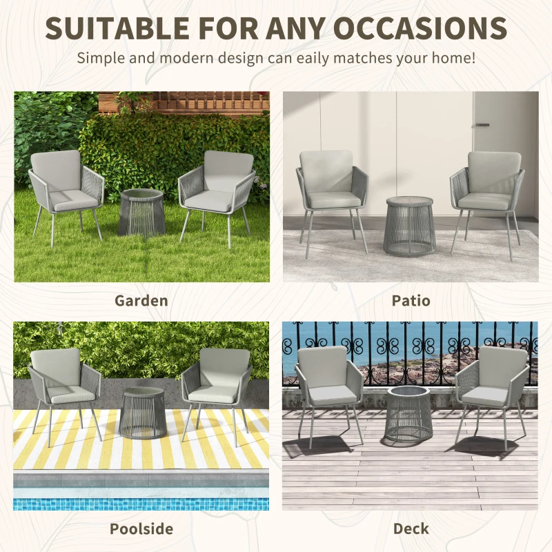 Outsunny 3 Piece Outdoor Patio Bistro Set, Wicker Rattan Furniture with Metal Legs for Garden, Backyard, Light Grey