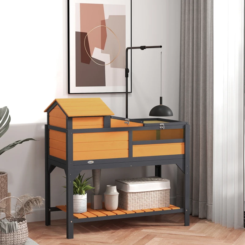 PawHut Tortoise Enclosure Tortoise House w/ Adjustable Lamp Holder, Storage Shelf, Removable Main House, Openable Lid, Yellow