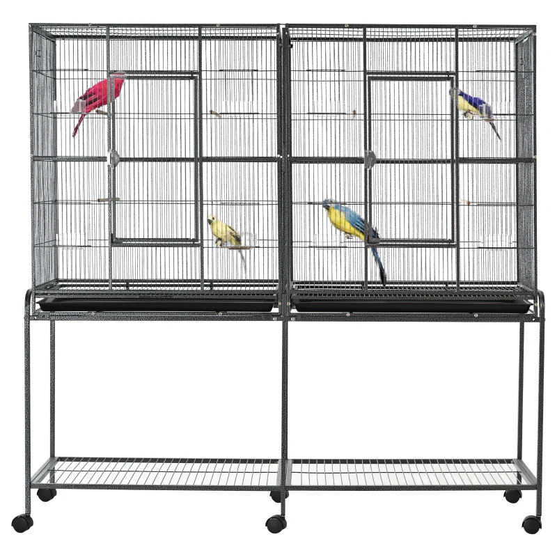 PawHut Rolling 65"L Bird Cage w/ Storage Shelf Wood Perch Food Container