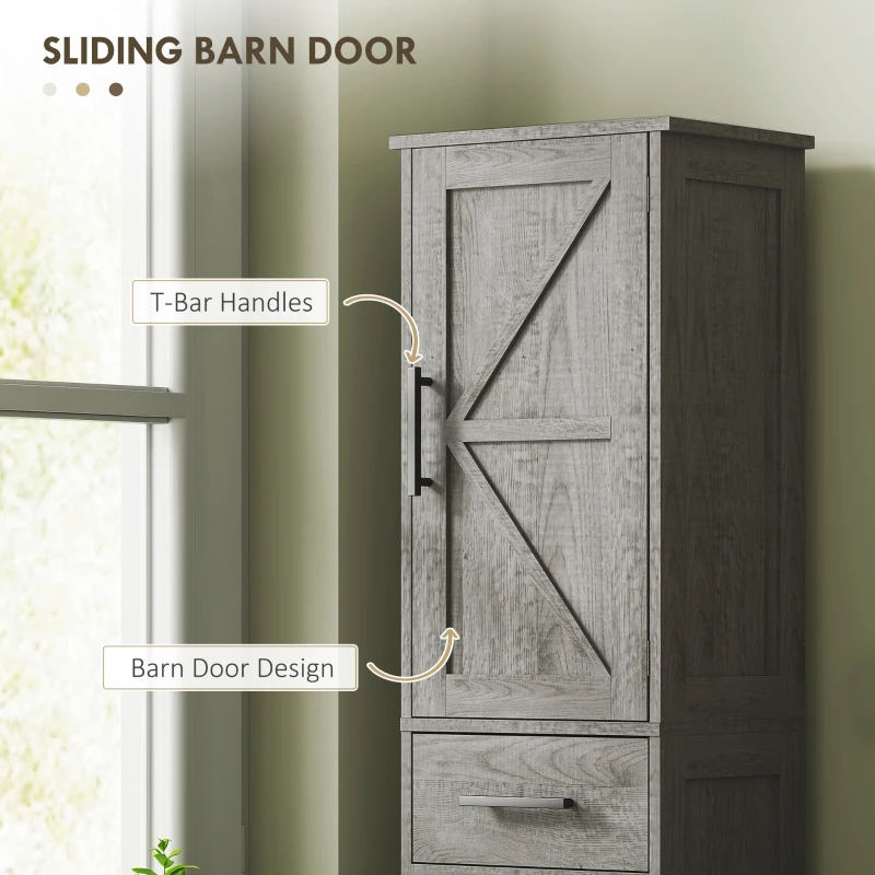 HOMCOM 67" Tall Bathroom Cabinet, Narrow Bathroom Storage Cabinet with Drawer, Barn Doors and Adjustable Shelves, Dark Grey