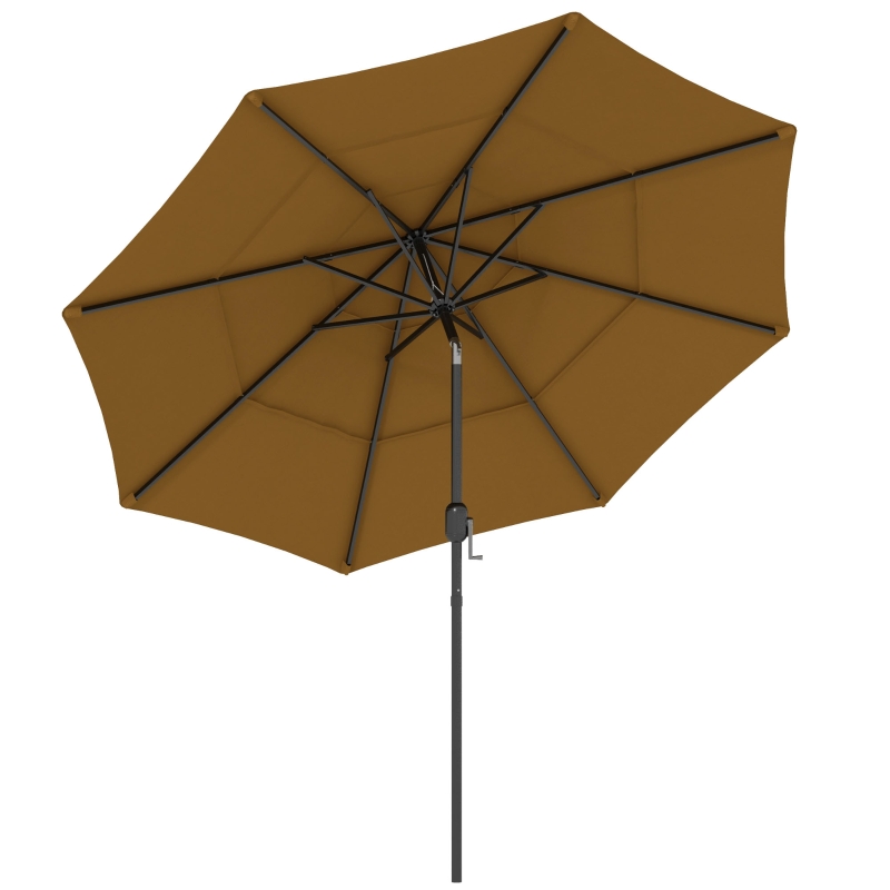 Outsunny 9FT 3 Tiers Outdoor Patio Umbrella with Crank, Push Button Tilt for Deck, Backyard and Lawn, Tan