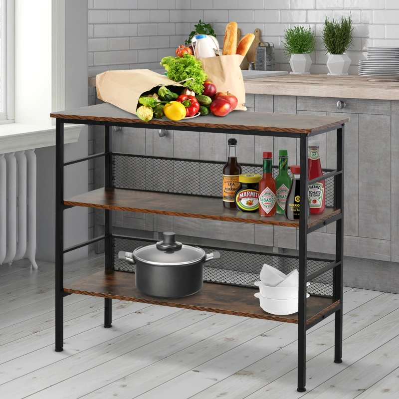 HOMCOM 3-Tier Console Table Industrial Style Storage Metal Wooden Shelf with a Robust Multi-Functional Design & Adjustable Feet, Black