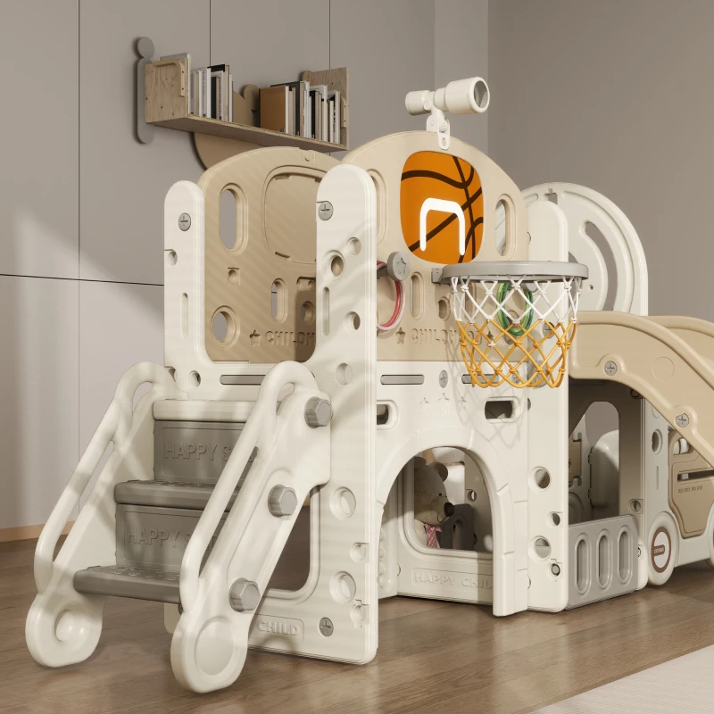 Qaba 9 in 1 Toddler Slide for Kids Ages 1-6 with Bus Front, Basketball Hoop, Climber, Storage Space, Ring Toss, Cream White