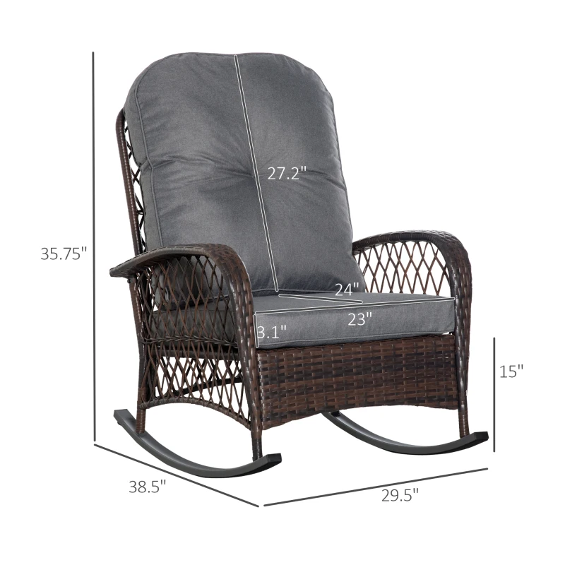 Outsunny Rattan Porch Rocker w/ Plush Cushion, Gray