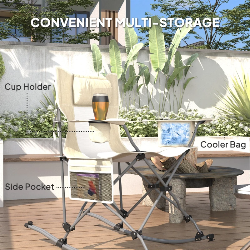 Outsunny Folding Rocking Camping Chairs, Portable Chairs with Headrest, Cooler Bag, Cup Holder, Carry Bag, 2 Pack, Cream