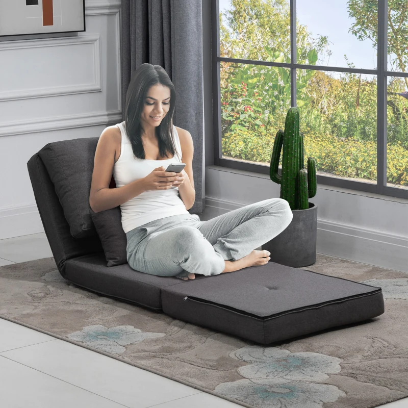 HOMCOM Convertible Flip Chair, Floor Lazy Sofa, Folding Upholstered Couch Bed with Adjustable Backrest, Metal Frame and Pillows for Living Room Bedroom, Dark Gray