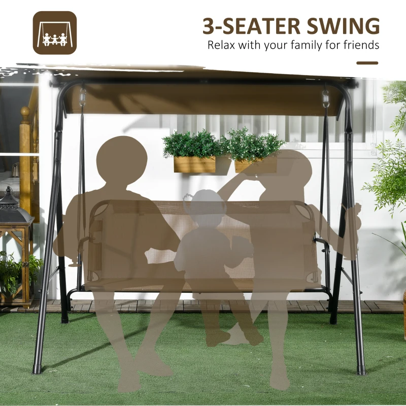 Outsunny 3-Seat Outdoor Patio Swing Chair w/ Cushion, Steel Frame Stand, Adjustable Tilt Canopy for Patio, Garden, Brown