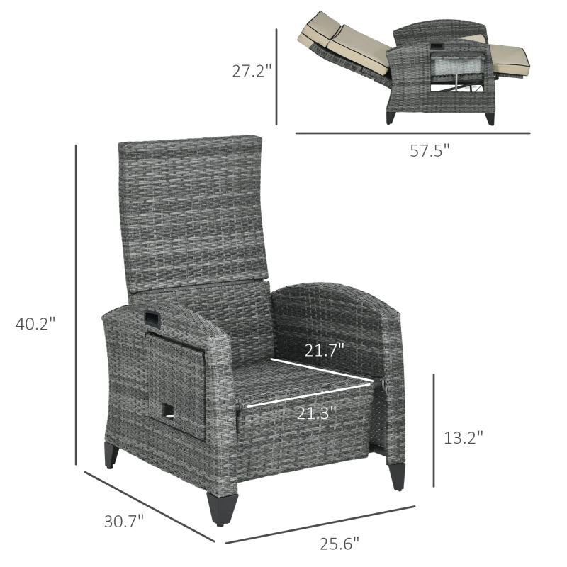 Outsunny Outdoor Recliner Chair with Cushions, Reclining Patio Lounge Chair with Adjustable Footrest, Armrests, Tray Table, Khaki