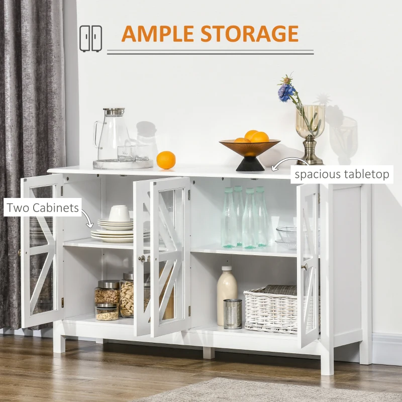 HOMCOM Sideboard, Buffet Cabinet with 4 Tempered Glass Doors and Adjustable Storage Shelf, Credenza, White