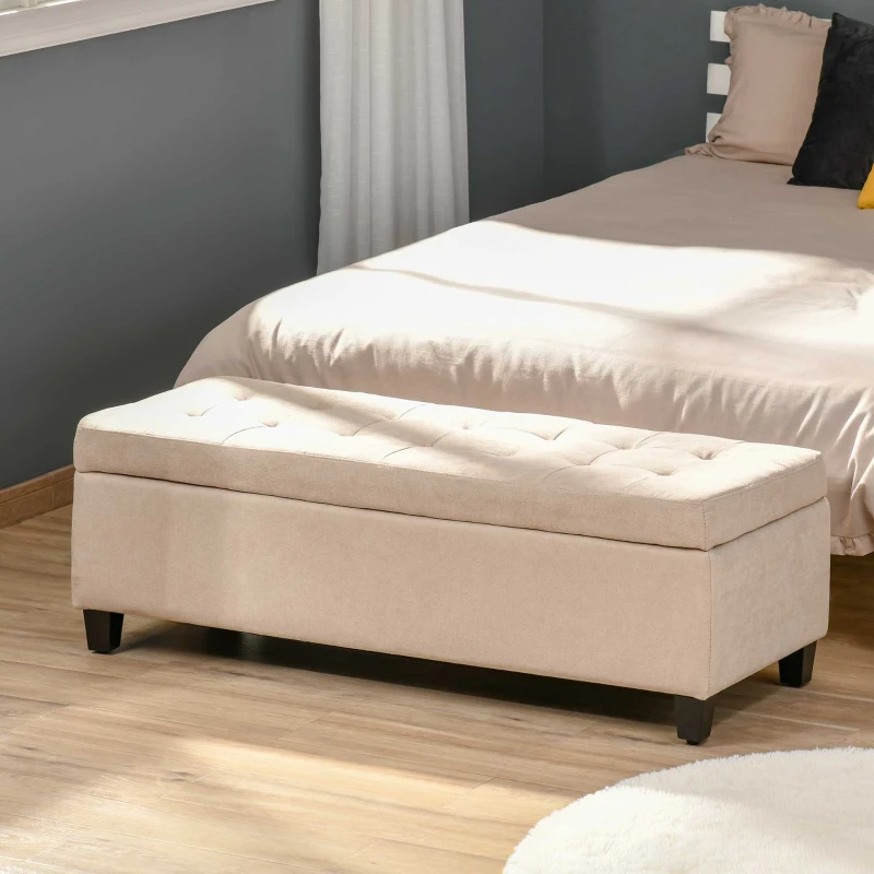 HOMCOM 50" Storage Ottoman Bench, Upholstered Ottoman Foot Rest with Linen Fabric and Soft Close Lid for Entryway, White