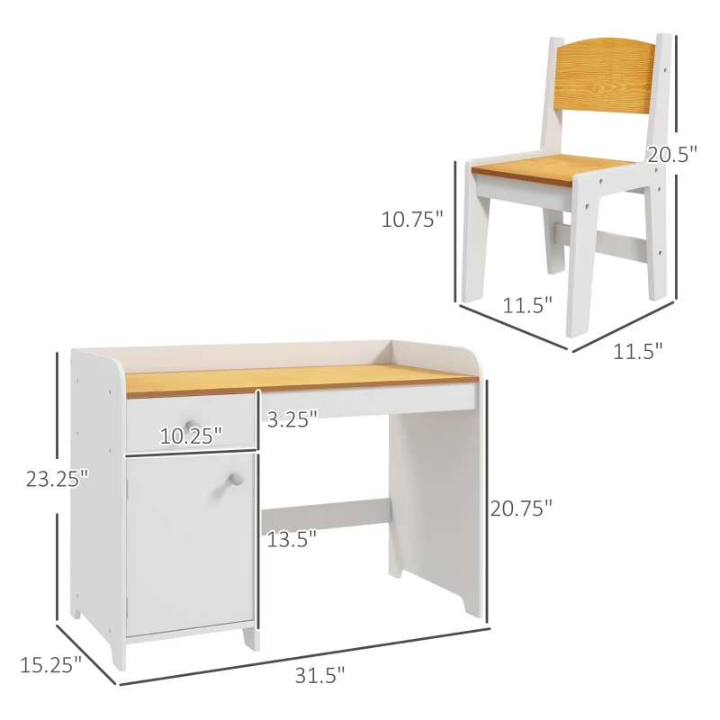 Qaba Kids Desk and Chair Set with Storage, Study Desk with Chair, White