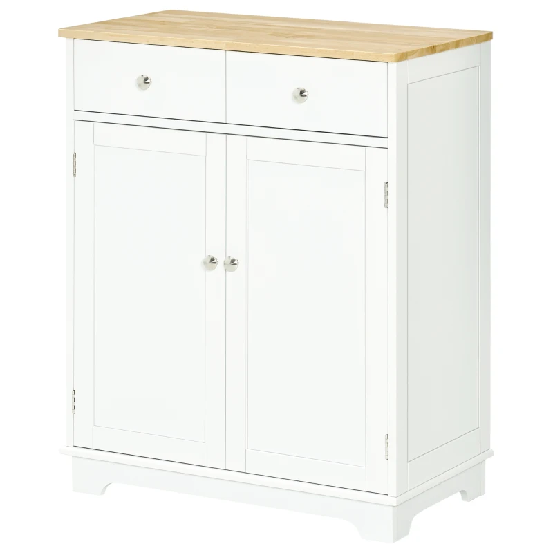 HOMCOM Kitchen Storage Cabinet, Sideboard Floor Cupboard with Solid Wood Top, Adjustable Shelf, and 2 Drawers for Living Room, and Hallway, White