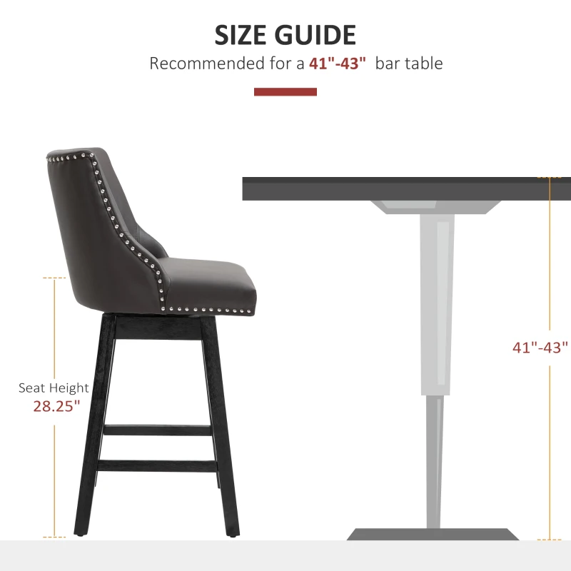 HOMCOM 28" Swivel Bar Height Bar Stools Set of 2, Armless PU Leather Upholstered Barstools Chairs with Nailhead Trim and Wood Legs, Brown