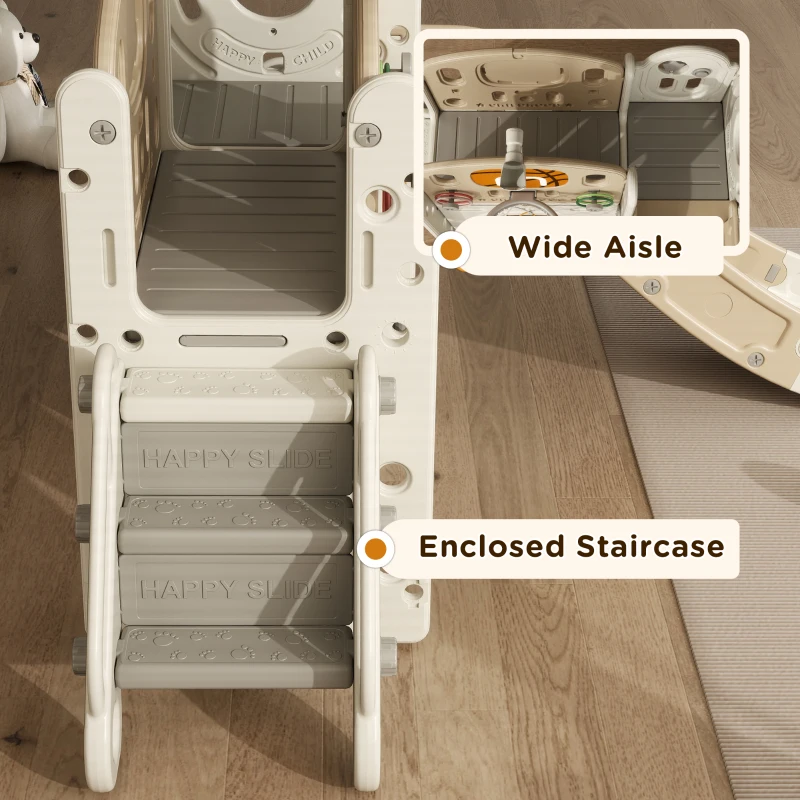 Qaba 9 in 1 Toddler Slide for Kids Ages 1-6 with Bus Front, Basketball Hoop, Climber, Storage Space, Ring Toss, Cream White