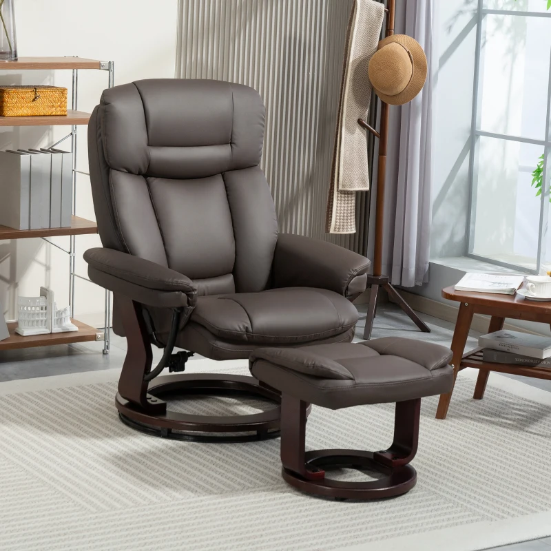 HOMCOM Swivel Recliner with Ottoman, PU Leather Reclining Chair with Footrest, for Living Room, Bedroom, Dark Brown