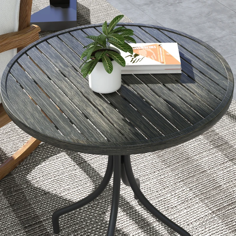 Outsunny 26" Round Patio Table, Outdoor Side Table with Steel Frame and Slat Tabletop for Garden, Backyard, Distressed Gray