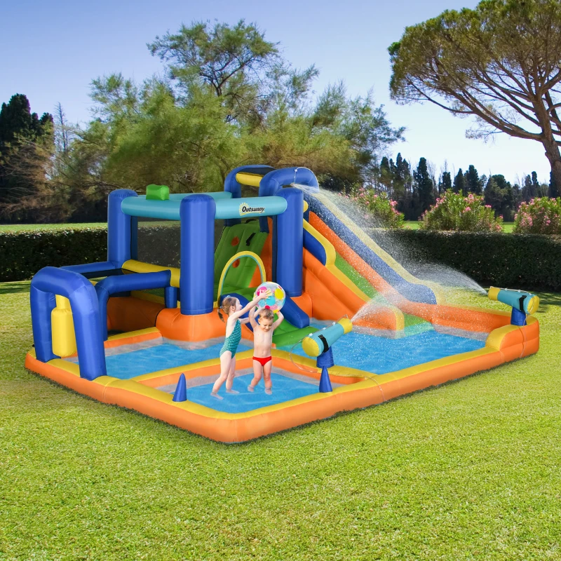 Outsunny 7 in 1 Water Slide w/ Slide Pool Climbing Wall Water Cannon Basketball Hoop Boxing Post Football Stand for 3-8 Years