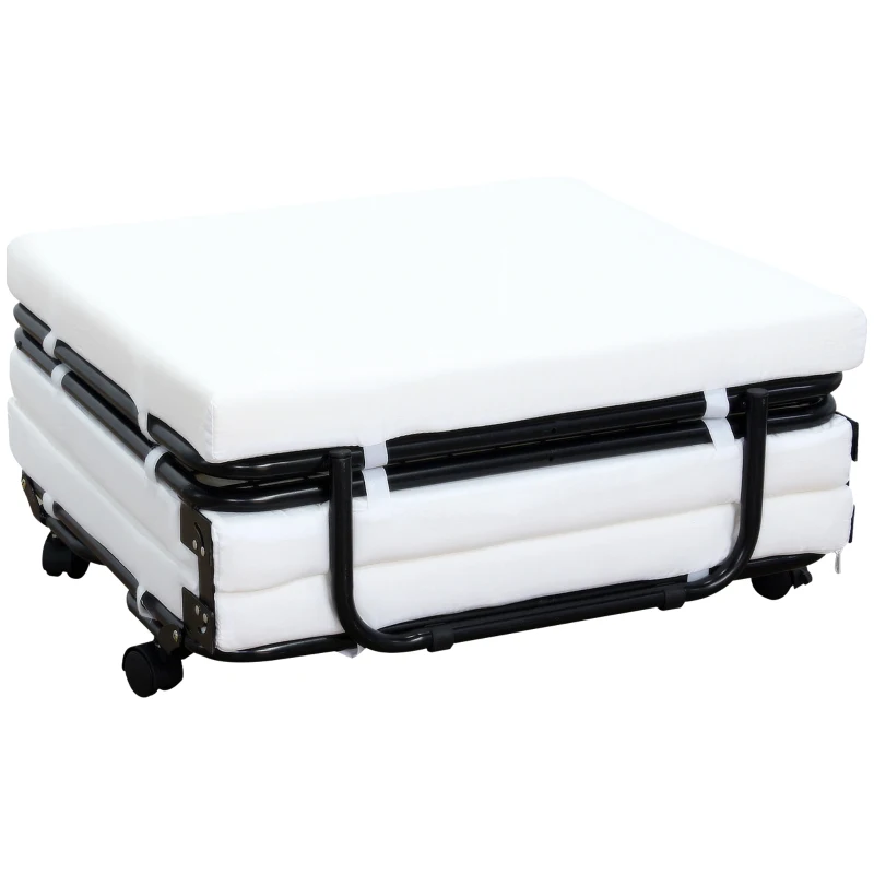 HOMCOM Portable Folding Bed, Single Guest Bed Convertible Sleeper Ottoman with Wheels, Mattress for Bedroom & Office, White